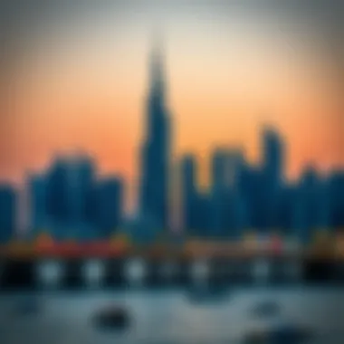 Dubai Skyline with Creek Tower at Dusk Dubai skyline featuring the Creek Tower at sunset