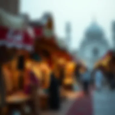 A vibrant market showcasing traditional Eid garments and accessories