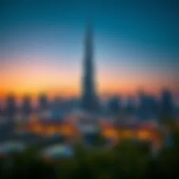 Burj Khalifa towering over the Dubai skyline at sunset