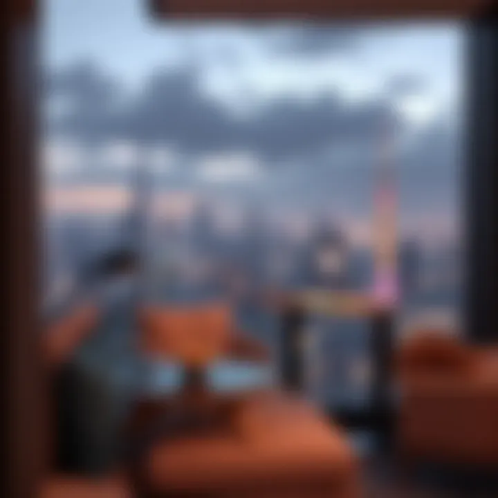 Luxurious penthouse balcony view overlooking Dubai skyline