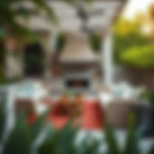 A beautifully designed barbecue area with elegant seating and greenery