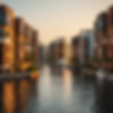 Modern residential buildings along the waterfront in Creek Harbor