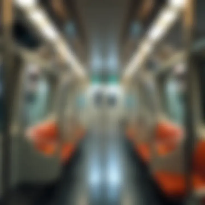Interior of a modern Dubai Metro car, highlighting passenger comfort.