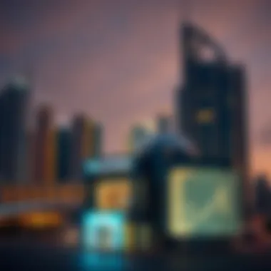 Dubai skyline with currency exchange office