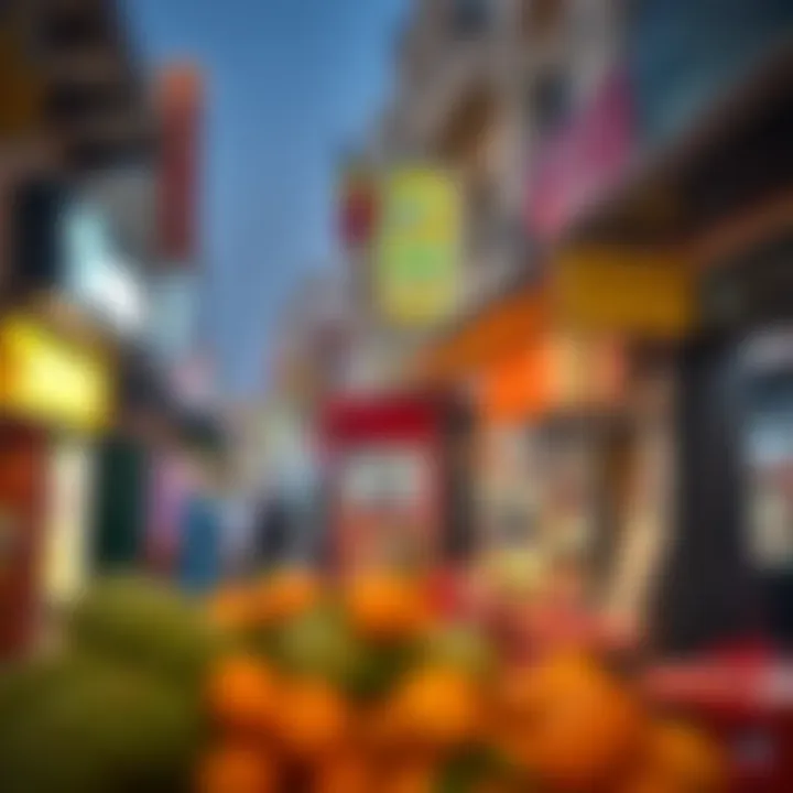 Vibrant local market scene with shops and cafes bustling with activity.