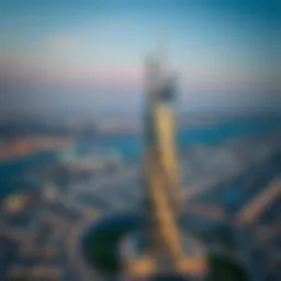 Aerial view of Al Batha Tower showcasing its unique architectural design against the Sharjah skyline.