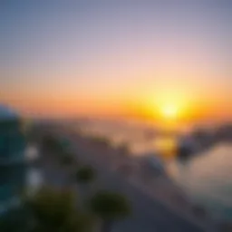 A panoramic view of Al Majaz waterfront at sunset