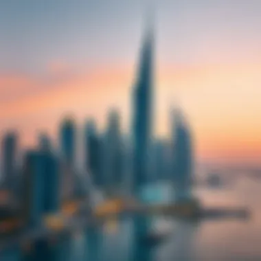 Blue Bay Tower in the Dubai Skyline A panoramic shot of Dubai's skyline featuring Blue Bay Tower