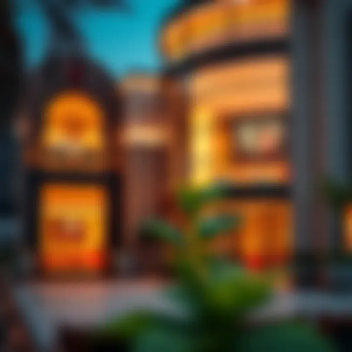 Elegant commercial establishments highlighting shopping and dining options