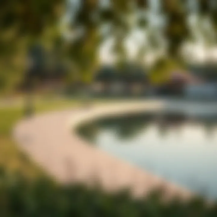 A tranquil lake surrounded by walking paths and benches, inviting relaxation and reflection