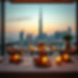 A beautifully set dining table adorned for Iftar amidst a Dubai skyline