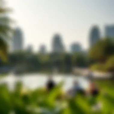 Tranquil Lakeside Experience at Jumeirah Lakes Towers Park Visitors relaxing by the tranquil lakeside within the park