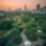 Aerial view of a lush park in Dubai with modern skyline