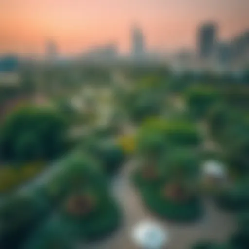 Aerial view of a lush park in Dubai with modern skyline