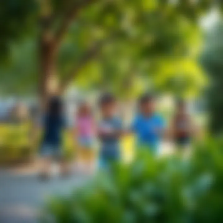 Children playing in a vibrant park surrounded by greenery