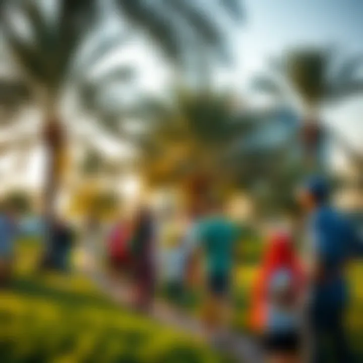 Community gathering in a park featuring recreational facilities