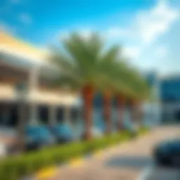 Scenic view of a free parking area in Dubai with palm trees and modern architecture.