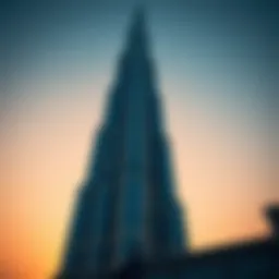 Exterior view of Burj Khalifa against a sunset sky
