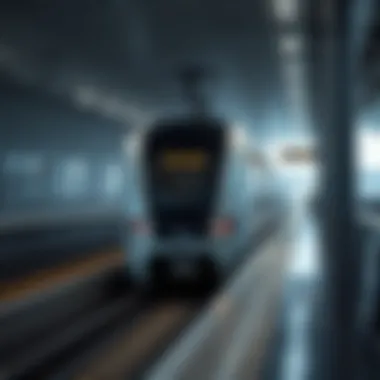 A close-up of a metro train arriving at a station, emphasizing modern design