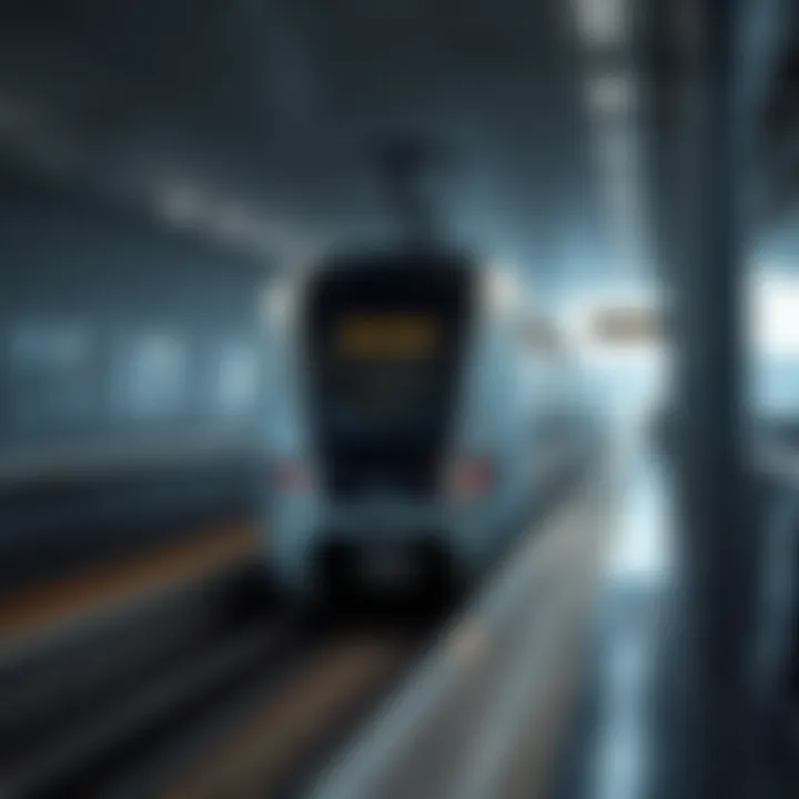 A close-up of a metro train arriving at a station, emphasizing modern design