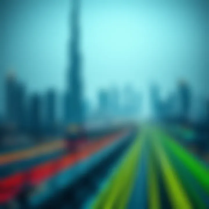 An overlay of Dubai's skyline with metro lines highlighted