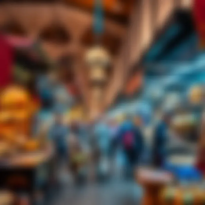 A lively scene of a traditional market bustling with activity, showcasing local crafts and cultural products