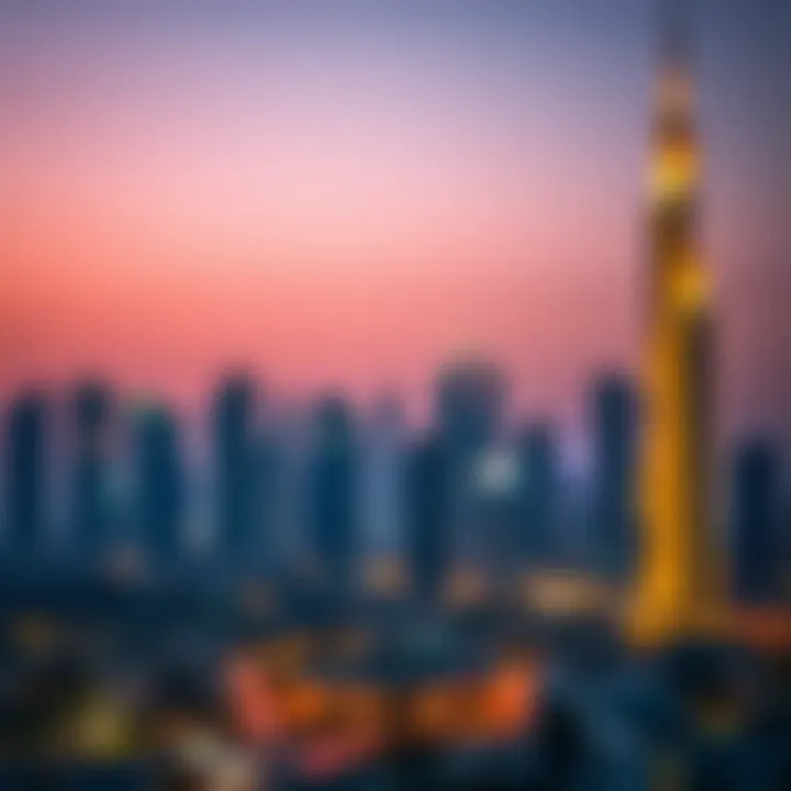 Evening skyline of Dubai with Manara illuminated, representing modern urban living