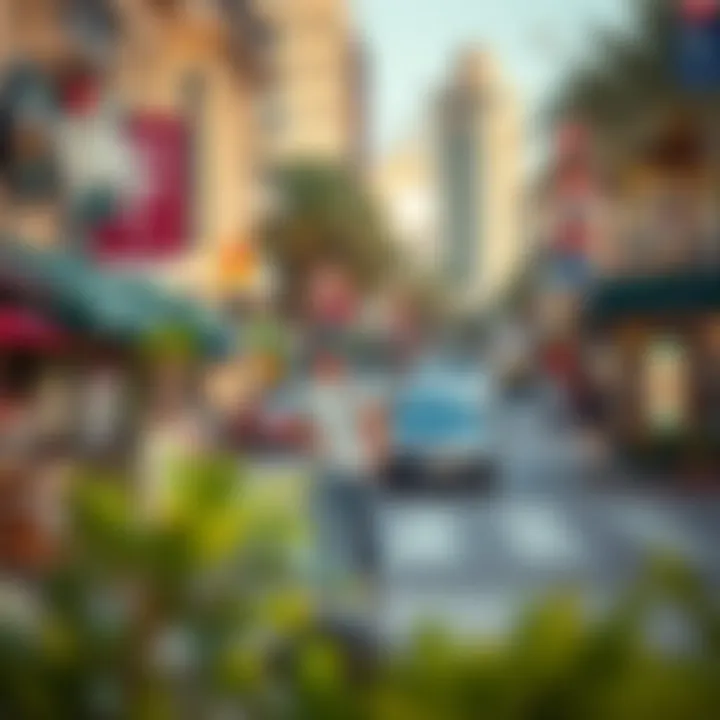 Vibrant street life on a Dubai boulevard with cafes and shops