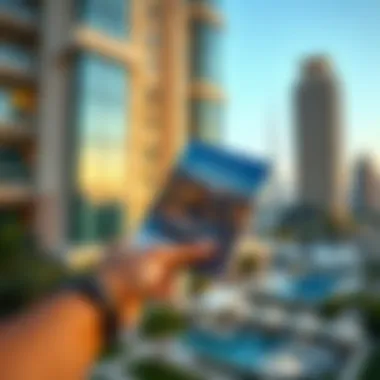 Exploring Luxury Properties in Dubai A close-up of a hand holding a property brochure in front of a luxury apartment