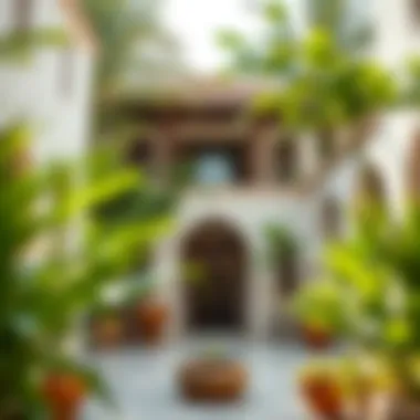 Elegant courtyard of a traditional Emirati house surrounded by lush greenery