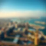 Aerial view showcasing the skyline of Dubai and the horizon of Abu Dhabi