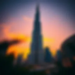 Stunning view of the Burj Khalifa at sunset showcasing its height and design
