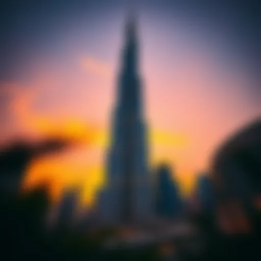 Stunning view of the Burj Khalifa at sunset showcasing its height and design