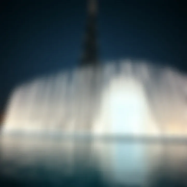 Wide view of the Dubai Fountain with Burj Khalifa in the background